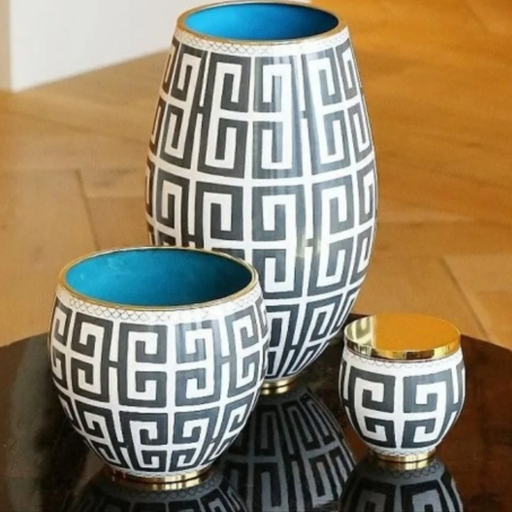Greek Key Cloisonne Vase, Charcoal, Retail  Price $295.00US, Size Medium